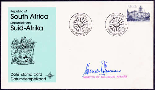 RSA, 1985. SIGNED DATE STAMP CARD by HENDRIK SCHOEMAN, view scans.