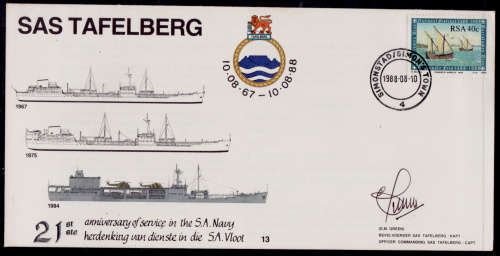 RSA 1988.10 Aug. SAS TAFELBERG, SIGNED 21st ANNIV SERVICE in the SA NAVY, 1967 - 1988, view scans.