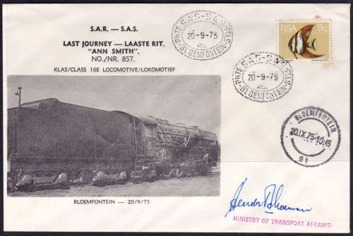 RSA 1975. 20 Sept. SIGNED RAIL LETTER POST SAR-SAS, LAST JOURNEY ANN SMITH no 857, view scans.