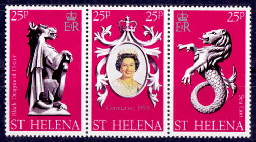 ST HELENA 1978, 2 June. 25th Anniv Coronation QEII, strip of 3, MNH, CV +/-R 60.00 view scans
