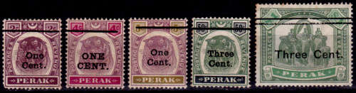 PERAK, 1899 - 1901. ISSUES OF 1895 and 1899 SURCHARGED, short set, MH, CV +/-R 1,120.00 view scans