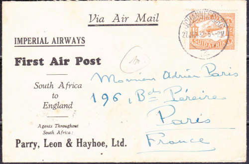 UNION OF SA 1932, 27 Jan.  IMPERIAL AIRWAYS, FIRST AIR POST TO BRITAIN/ FRANCE, Cover, view scans