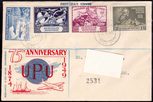 BECHUANALAND 1949, 10 Oct. 75th ANNIV of UPU, ILLUSTRATED FDC, R 250.00, view scans