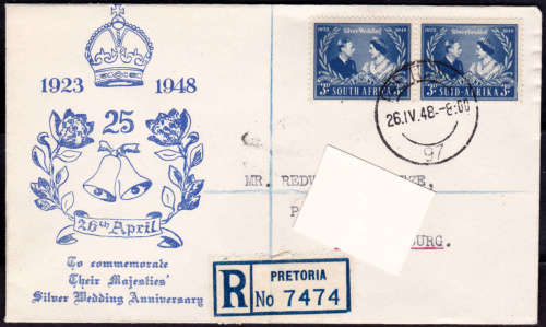 UNION OF SA 1948, 26 April. SILVER WEDDING of KGVI + QE, Cover, R ??.00, view scans