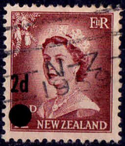 NEW ZEALAND 1958, 15 Jan. QEII of 1955 surcharged, single, used, CV+/- R 9.00, view scans