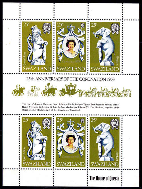 SWAZILAND 1978, 2 June. 25th ANNIV CORONATION QEII, small sheet, MNH, CV +/- R 60.00 view scans
