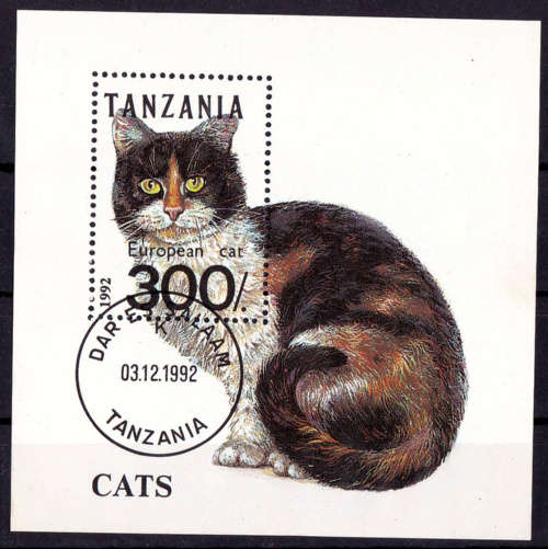 TANZANIA 1992, 3 Dec. Cats, minisheet, CTO, CV +/- R ?? view scans