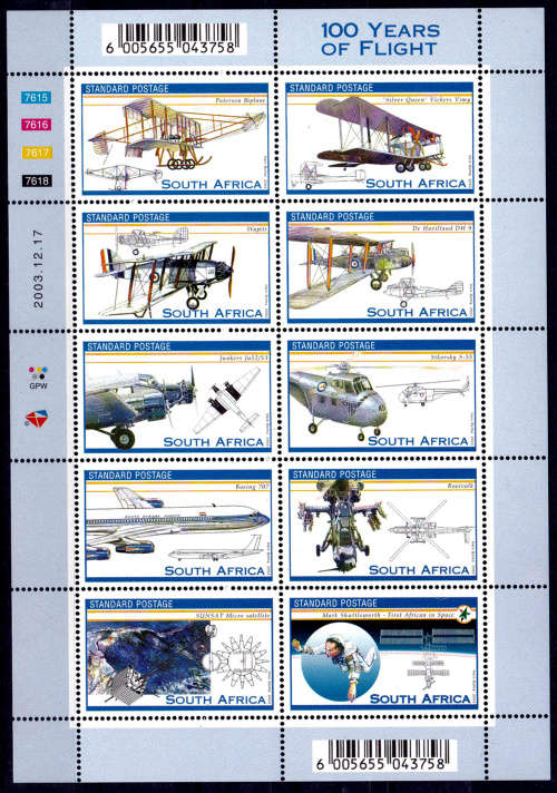 RSA 2003, 17 Dec. 100 YEARS of AVIATION, sheetlet of 10, MNH, CV R 350.00 view scans