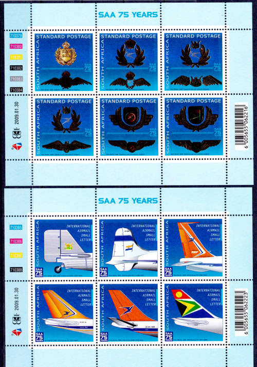 RSA 2009, 30 Jan. SAA 75 YEARS, two minisheets, MNH, CV R 500.00 view scans