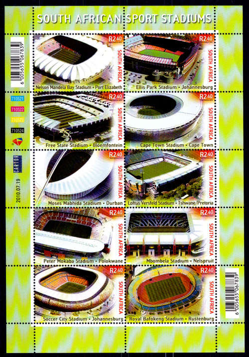 RSA 2010, 19 July. SA SPORT STADIUMS, sheetlet of 10, MNH, CV R 220.00 view scans