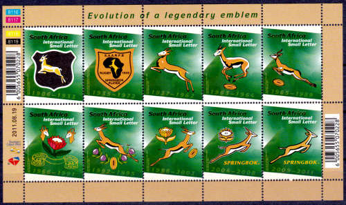RSA 2011, 19 Aug. Evolution of Rugby Emblem, sheetlet of 10, MNH, CV R 240.00 view scans