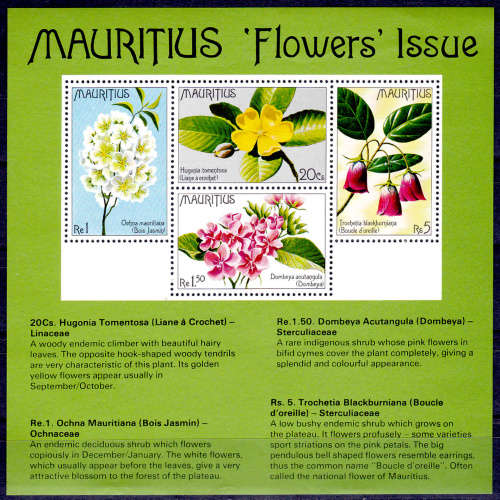 MAURITIUS 1977, 22 Sept. FLOWERS, mini sheet, MH, CV+/- R 140.00 view scans