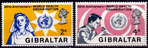 GIBRALTAR 1968, 1 July. 20th Anniv WHO, set, MNH, CV +/-R 15.00 view scans