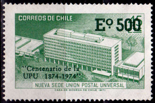 CHILE 1974, 4 April. 100th ANNIV of UPU, single, MNH, CV +/-R 5.00 view scans