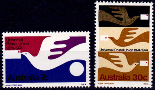 AUSTRALIA 1974, 9 Oct. 100th Anniv of UPU, set, MH, CV +/- R 20.00 view scans