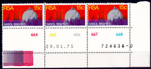 RSA 1975, 26 Feb. 25th ANNIV OF SASOL, single strip of 3, MNH, CV R 15.00 view scans