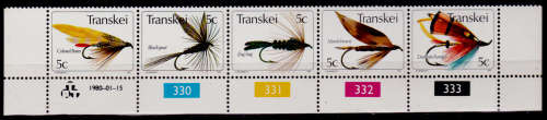 TRANSKEI 1980, 15 Jan. Fishing Flies, control strip, MNH, CV R 12.50 view scans