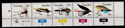 TRANSKEI 1982, 6 Jan. Fishing Flies 10c 3rd series, control strip, MNH, CV R 12.50 view scans