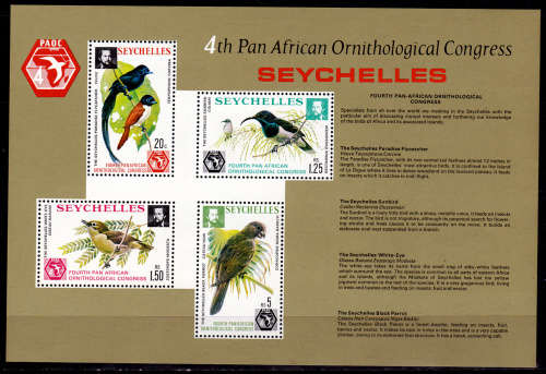 SEYCHELLES 1976, 8 Nov. Birds - 4th Pan-African Congress, m/s, MNH, CV +/-R 175.00 view scans