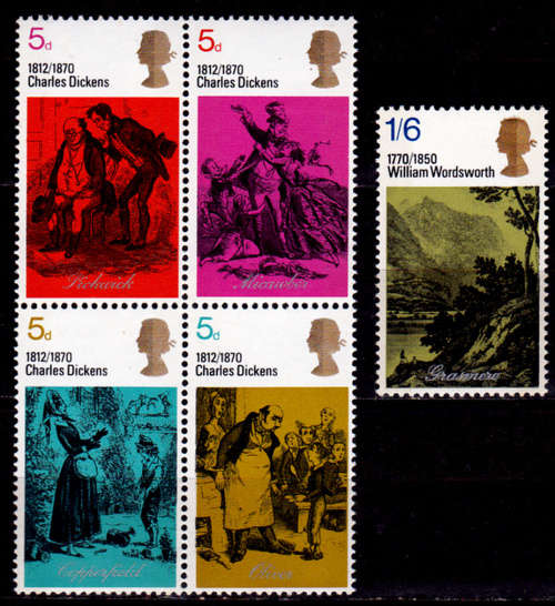 ENGLAND 1970, 3 June. Charles Dickens and William Wordsworth, set, MNH, CV +/-R 25.00 view scans