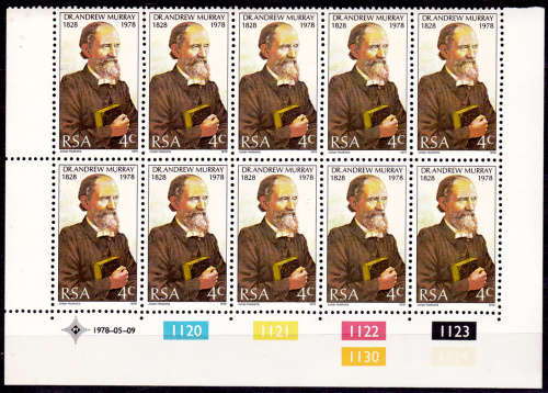 RSA 1978, 9 May. 150th ANNIV BIRTH Dr A MURRAY, single control + strip, MNH, CV R 5.00 view scans