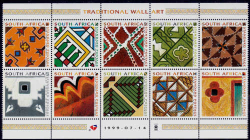 RSA 1999, 8 Aug. TRADITIONAL WALL ART, sheetlet of 10, MNH, CV R 250.00, view scans