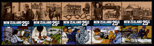 NEW ZEALAND 1986, 15 Jan. 100th ANNIV NZ POLICE, strip, CTO, CV +/-R ?? view scans