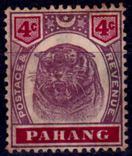 PAHANG 1899. TIGER, new value, single, MH, CV +/-R 440.00 view scans