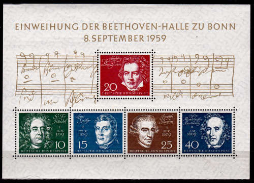 GERMANY 1959, 8 Sept. CONSECRATION BEETHOVEN HALL, minisheet, MNH, CV R 520.00 view scans