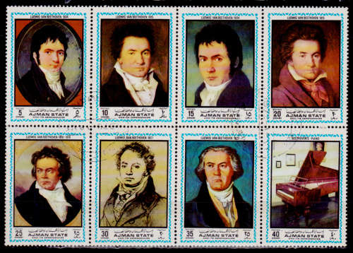 AJMAN 1972, 6 July. LUDWIG VAN BEETHOVEN, block of 8, UH, CV+/-R 60.00 view scans