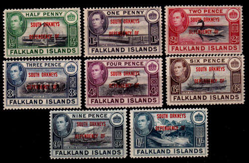 SOUTH ORKNEYS 1944, 3 April. FALKLAND ISLAND STAMPS O/PRINTED, set, MH, CV+/-R 340.00 view scans