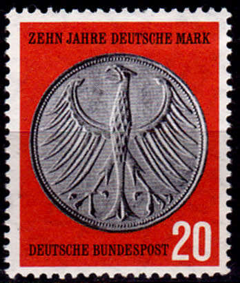 GERMANY 1958, 20 June. 10th ANNIV OF THE D-MARK, single, MNH, CV +/-R 10.00 view scans