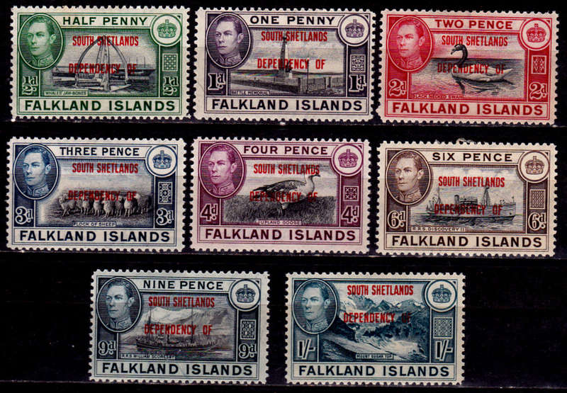 SOUTH SHETLANDS 1944, 5 Feb. FALKLAND ISLAND STAMPS O/PRINTED, set, MH, CV+/-R 340.00 view scans