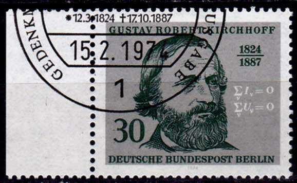 GERMANY BERLIN 1974, 15 Feb. 150th ANNIV BIRTH GR KIRCHHOFF, single, UH, CV +/-R 10.00 view scans