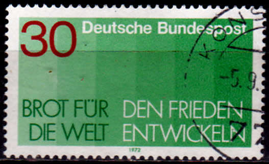 GERMANY 1972, 13 Dec. `BREAD FOR THE WORLD`, single, UH, CV+/- R 5.00 view scans