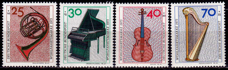 GERMANY 1973, 5 Oct. CHARITY STAMPS - MUSICAL INSTRUMENTS, set, MH, CV+/- R 70.00 view scans