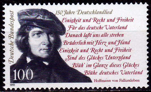 GERMANY 1991, 8 Aug. 150th ANNIV GERMAN PATRIOTIC SONGS, single, MNH, CV+/- R 30.00 view scans