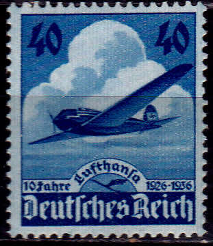 GERMAN EMPIRE 1936, 6 Jan. 10th ANNIV OF LUFTHANSA, single, MH, CV +/-R 210.00, view scans