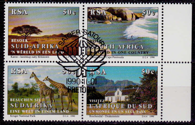 RSA 1990, 1 Nov. TOURISM in SA, setenant block, CTO, CV R ?? view scans