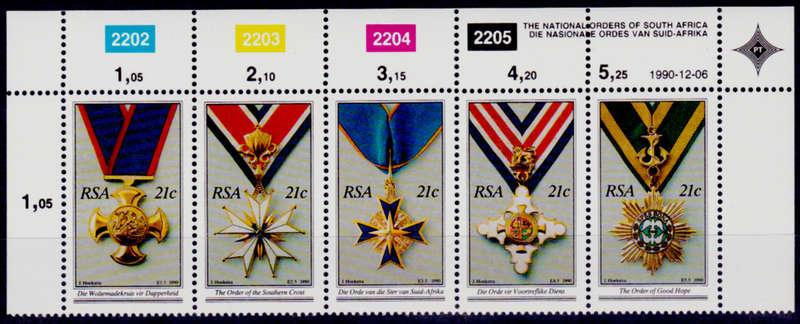RSA 1990,  6 Dec. NATIONAL ORDERS of SA, control strip, MNH, CV R 15.00 view scans
