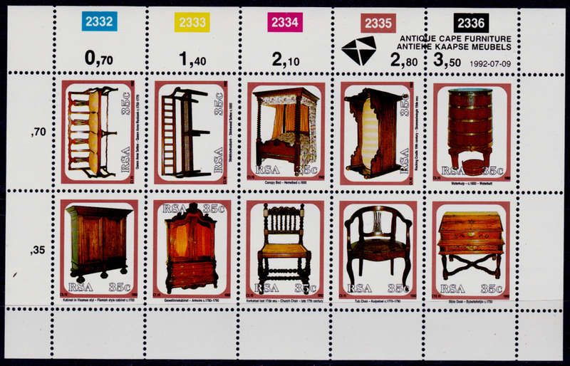 RSA 1992, 9 July. ANTIQUE CAPE FURNITURE, sheetlet of 10, MNH, CV R 30.00 view scans