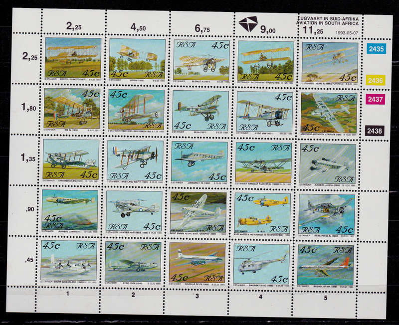 RSA 1993, 7 May. AVIATION IN SA, sheetlet of 25, MNH, CV R 100.00 view scans