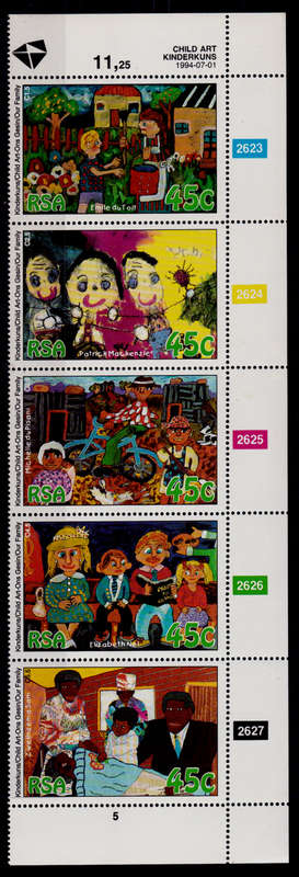 RSA 1994, 1 July. CHILD ART OUR FAMILY, Control Strip of 5, MNH, CV R 30.00 view scans