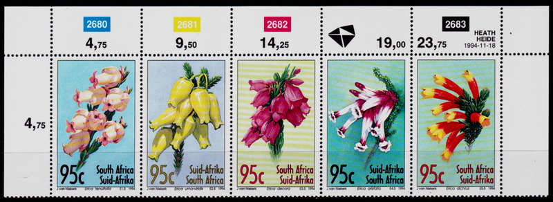RSA 1994, 18 Nov. HEATHERS, control strip, MNH, CV R 50.00 view scans