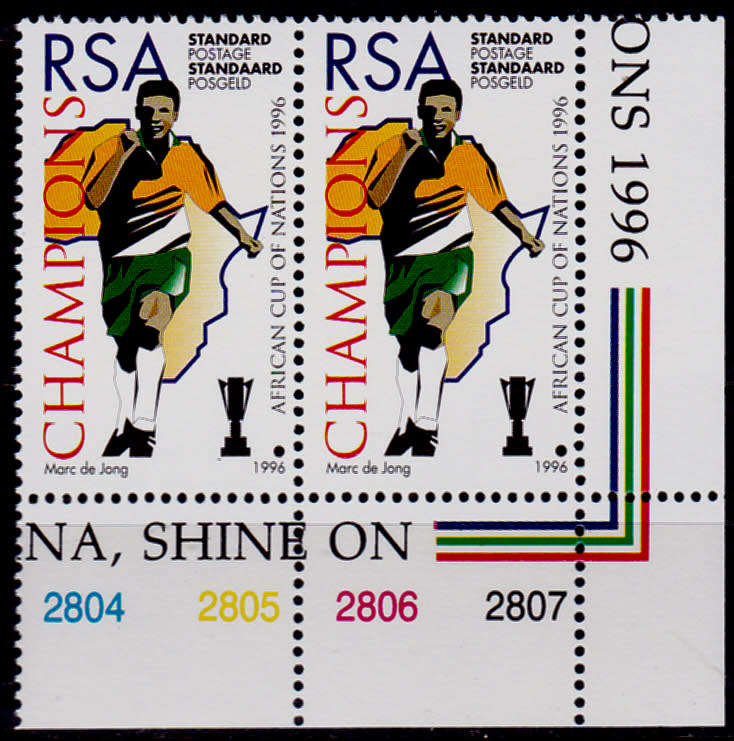 RSA 1996, 8 Feb. SOCCER AFRICAN CUP of NATIONS, single pair, MNH, CV R 30.00 view scans