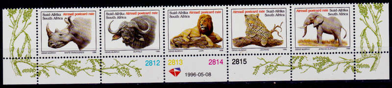 RSA 1996, 8 May. BIG FIVE, ADD VALUES AIRMAIL POSTCARD, control strip, MNH, CV R 200.00 view scans