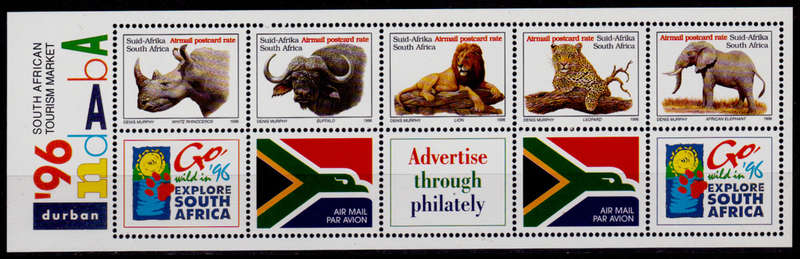 RSA 1996, 8 May. BIG FIVE, ADD VALUES AIRMAIL POSTCARD, setenant strip, MNH, CV R 200.00 view scans