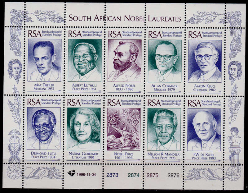 RSA 1996, 4 Nov. SA NOBEL LAUREATES (except A Nobel), sheetlet of 10, MNH, CV R 300.00 View scans