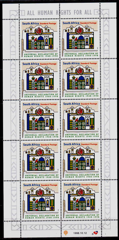 RSA 1998, 9 Dec. UNIVERSAL HUMAN RIGHTS, sheetlet, MNH, CV R 150.00, view scans