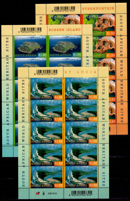 RSA 2000, 22 Sept. SA WORLD HERITAGE SITES, sheetlets of 10, MNH, CV R 450.00, view scans